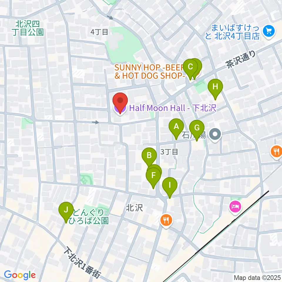 下北沢ハーフムーンホール周辺のファミレス・ファーストフード一覧地図