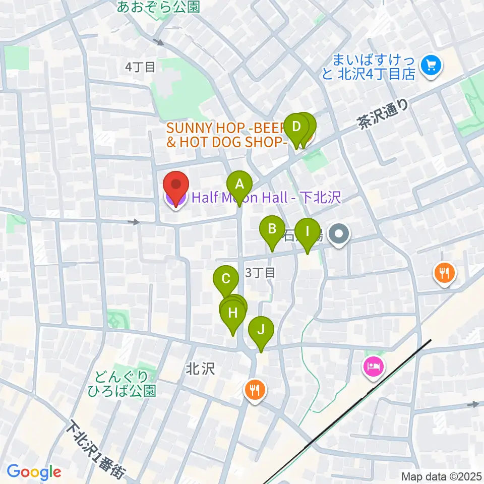 下北沢ハーフムーンホール周辺のファミレス・ファーストフード一覧地図