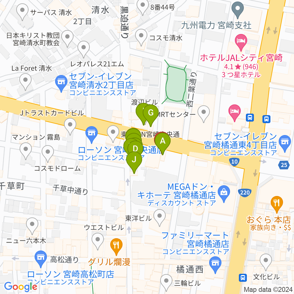 カワイ宮崎ショップ周辺のファミレス・ファーストフード一覧地図