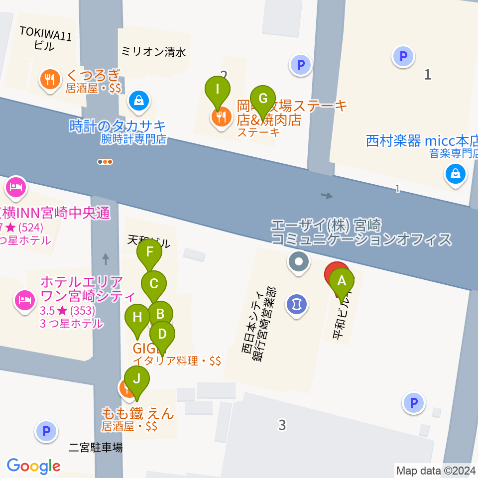 カワイ宮崎ショップ周辺のファミレス・ファーストフード一覧地図