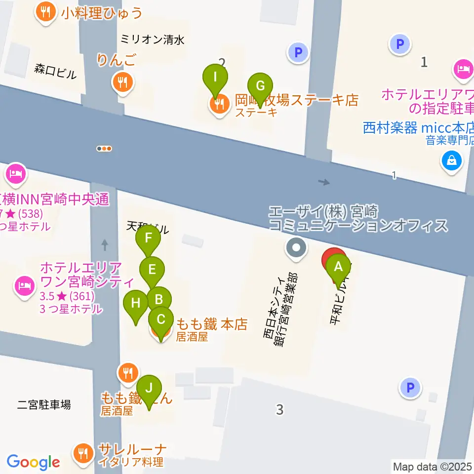 カワイ宮崎ショップ周辺のファミレス・ファーストフード一覧地図