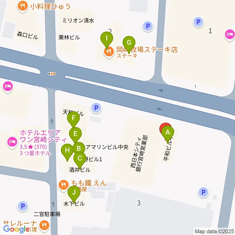 カワイ宮崎ショップ周辺のファミレス・ファーストフード一覧地図