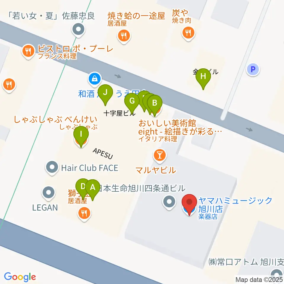 ヤマハミュージック 旭川店周辺のファミレス・ファーストフード一覧地図