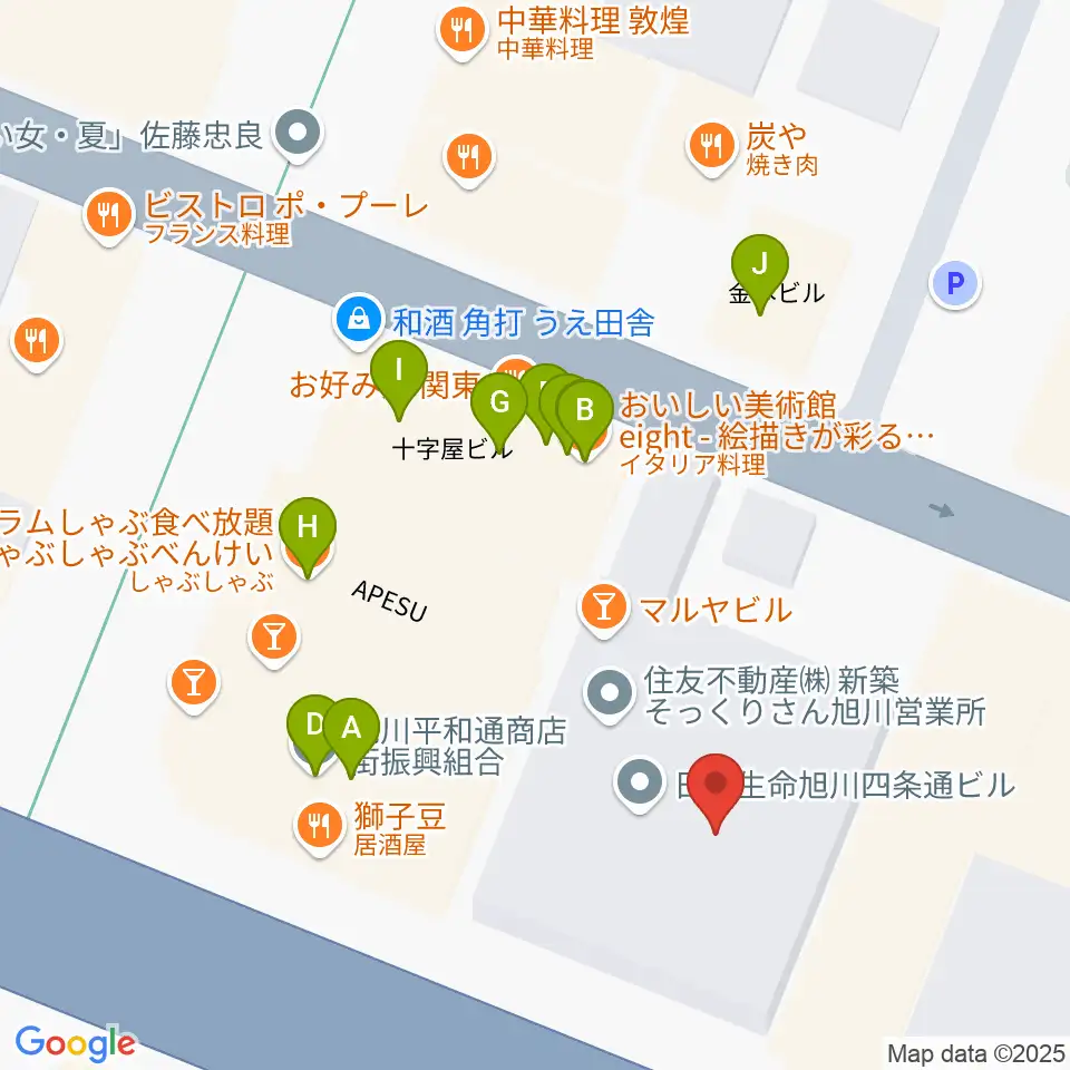ヤマハミュージック 旭川店周辺のファミレス・ファーストフード一覧地図