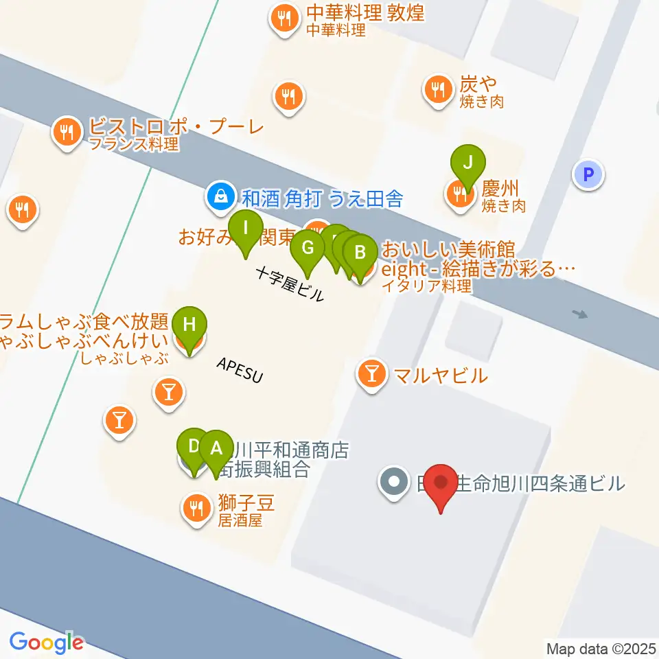 ヤマハミュージック 旭川店周辺のファミレス・ファーストフード一覧地図