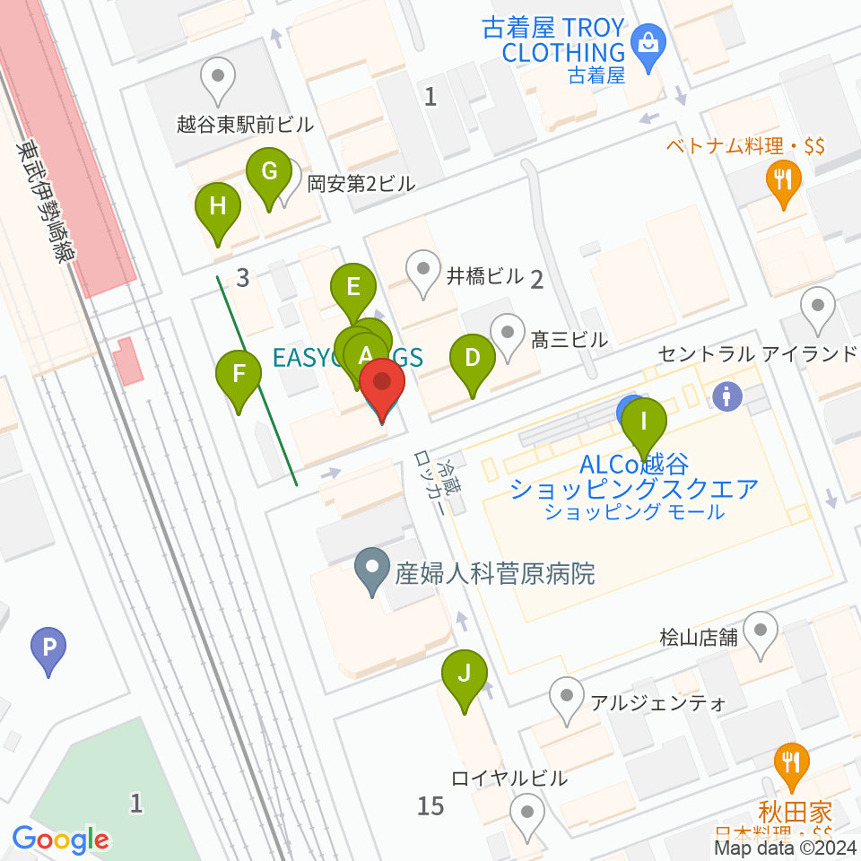 越谷イージーゴーイングス周辺のファミレス・ファーストフード一覧地図