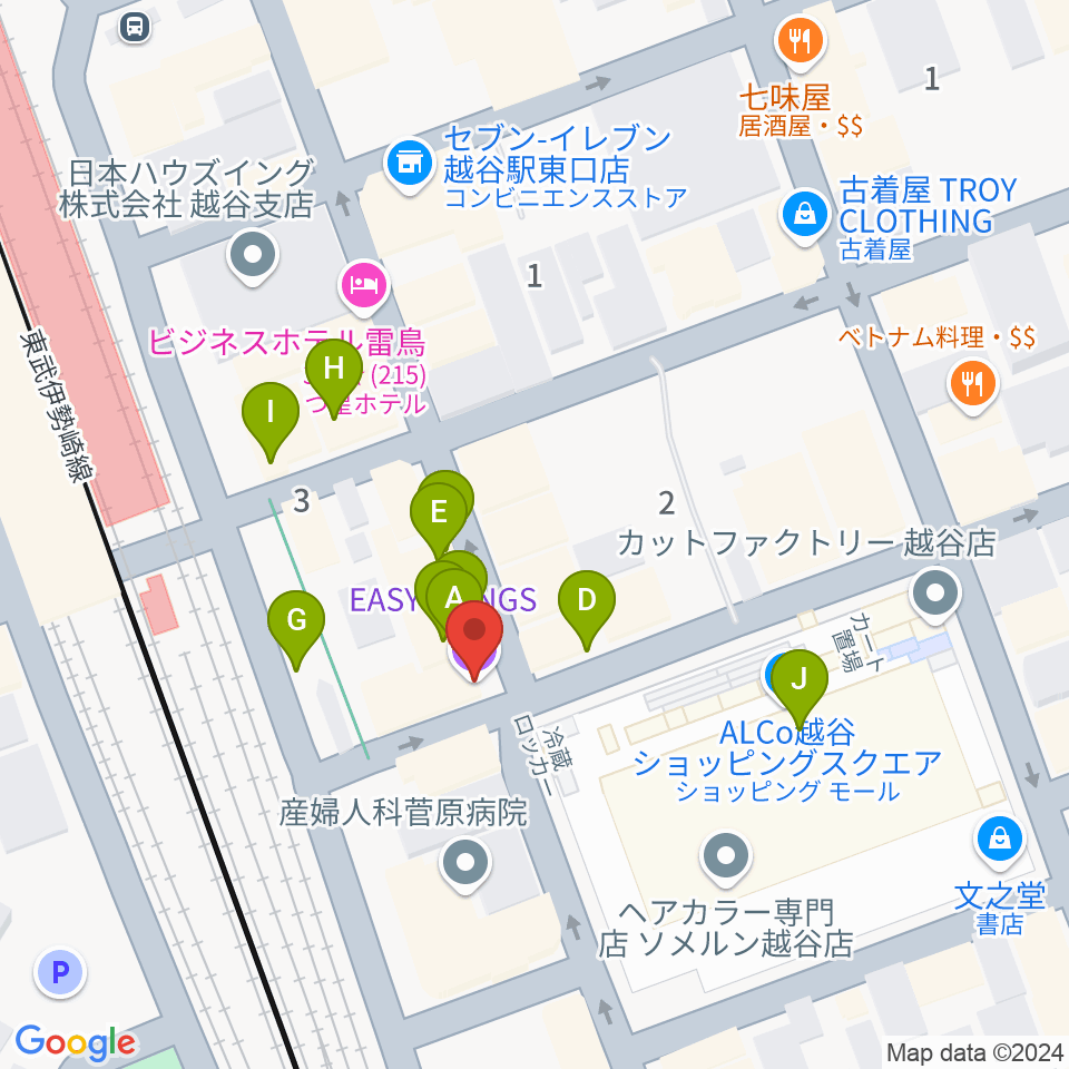 越谷イージーゴーイングス周辺のファミレス・ファーストフード一覧地図