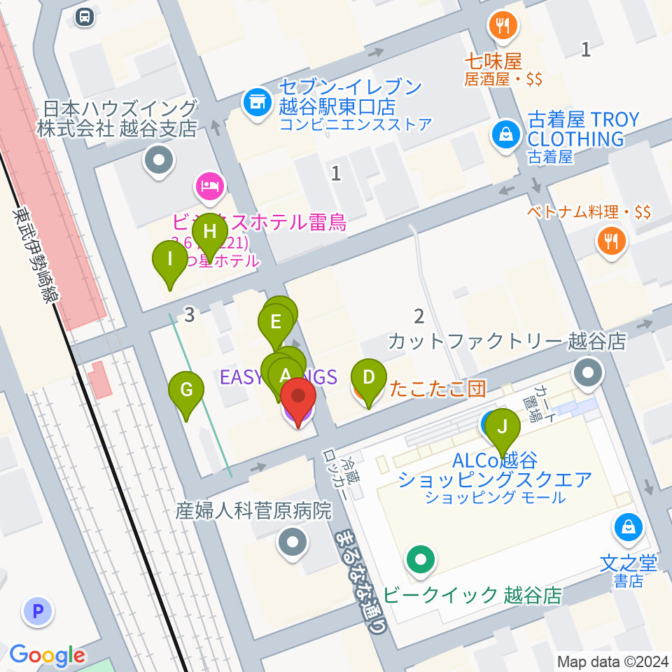 越谷イージーゴーイングス周辺のファミレス・ファーストフード一覧地図