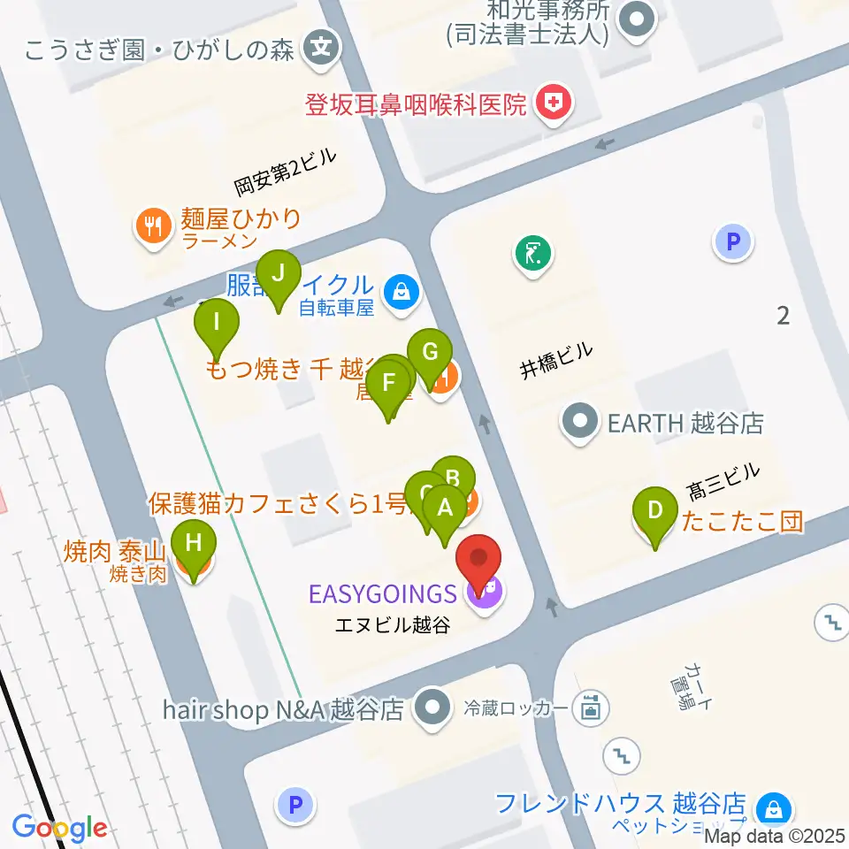 越谷イージーゴーイングス周辺のファミレス・ファーストフード一覧地図