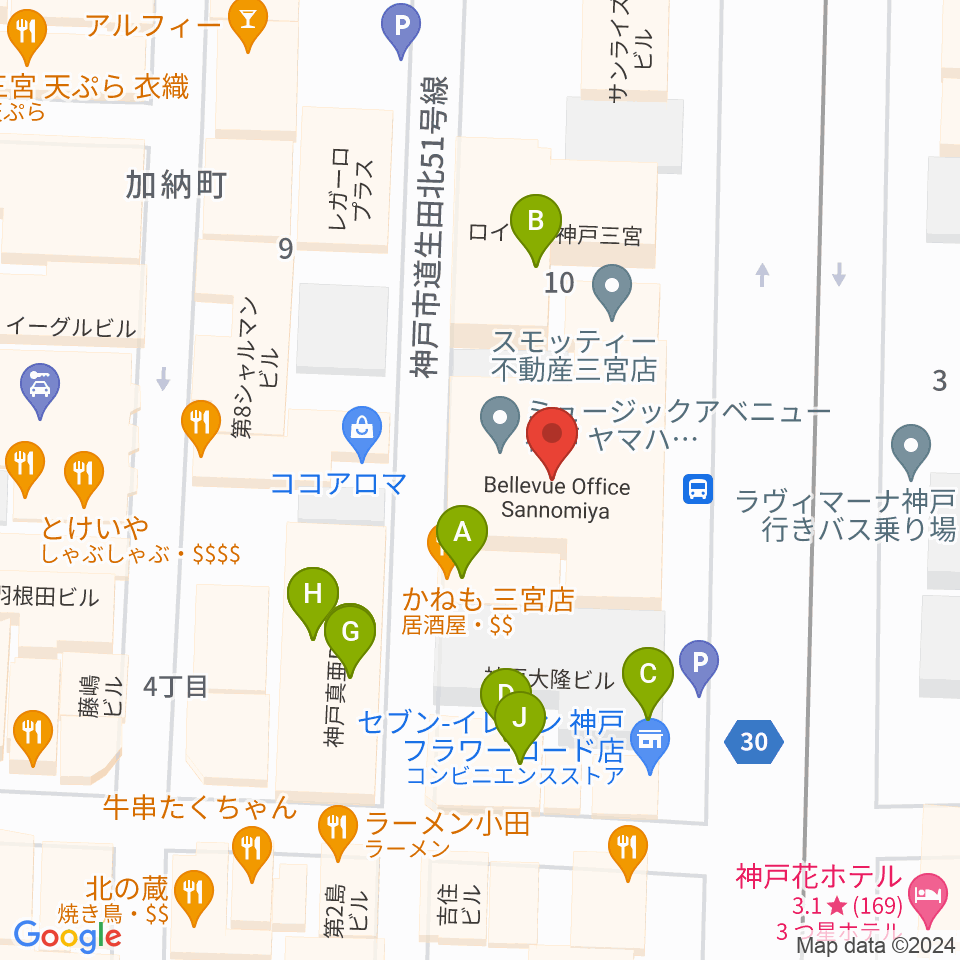 ヤマハミュージック 神戸店周辺のファミレス・ファーストフード一覧地図