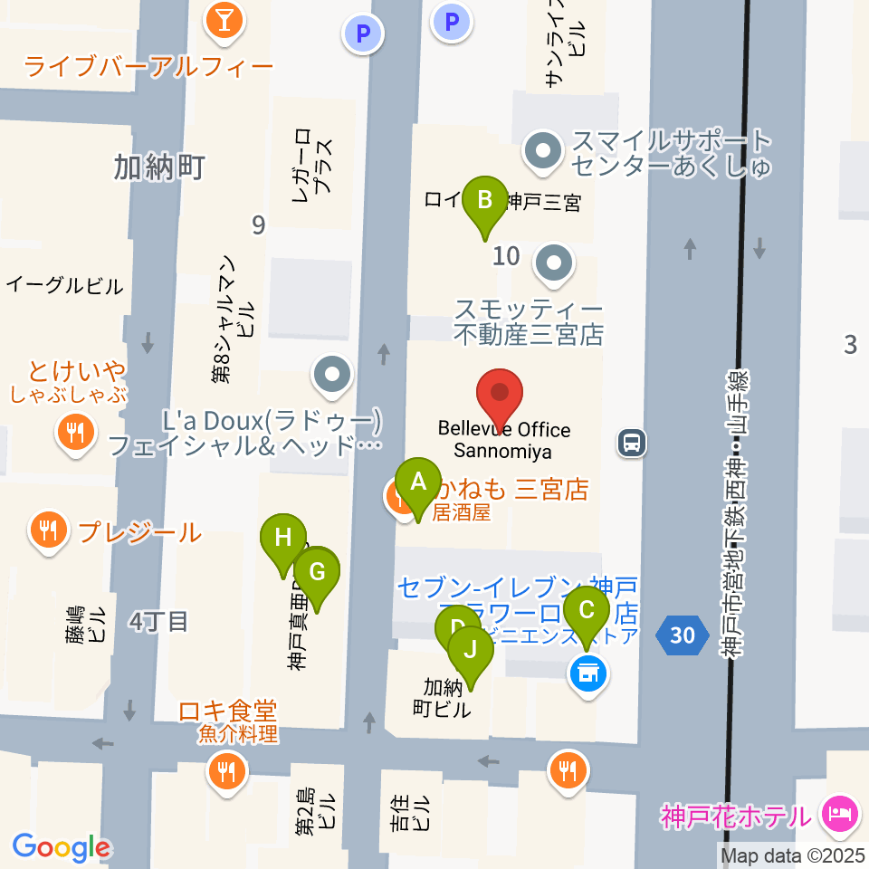 ヤマハミュージック 神戸店周辺のファミレス・ファーストフード一覧地図