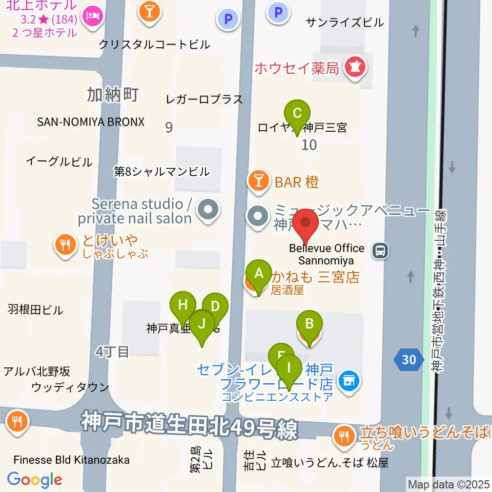 ヤマハミュージック 神戸店周辺のファミレス・ファーストフード一覧地図