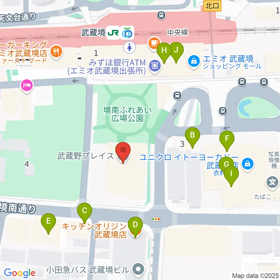 武蔵野プレイス周辺のファミレス・ファーストフード一覧地図