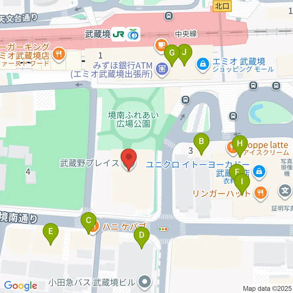 武蔵野プレイス周辺のファミレス・ファーストフード一覧地図