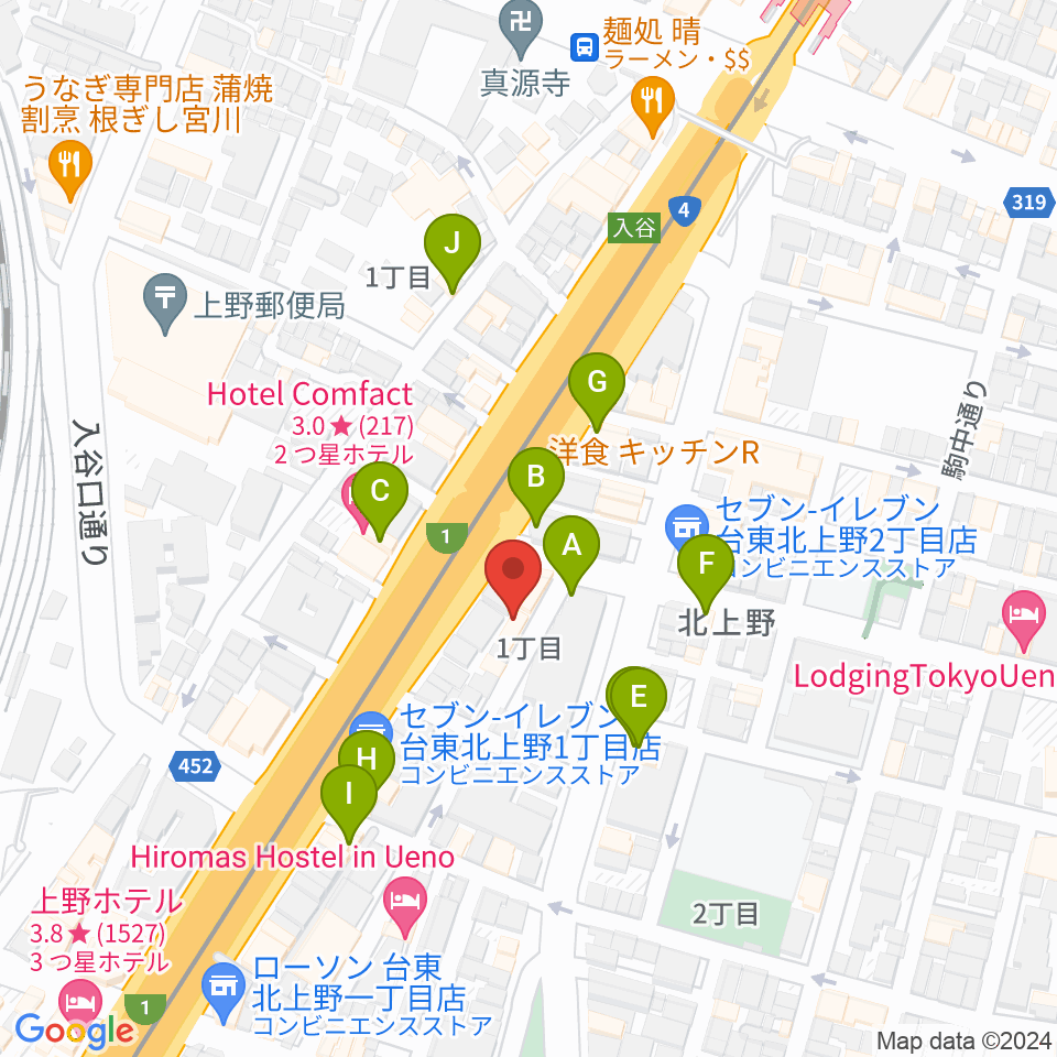 ホムラサウンド上野スタジオ周辺のファミレス・ファーストフード一覧地図