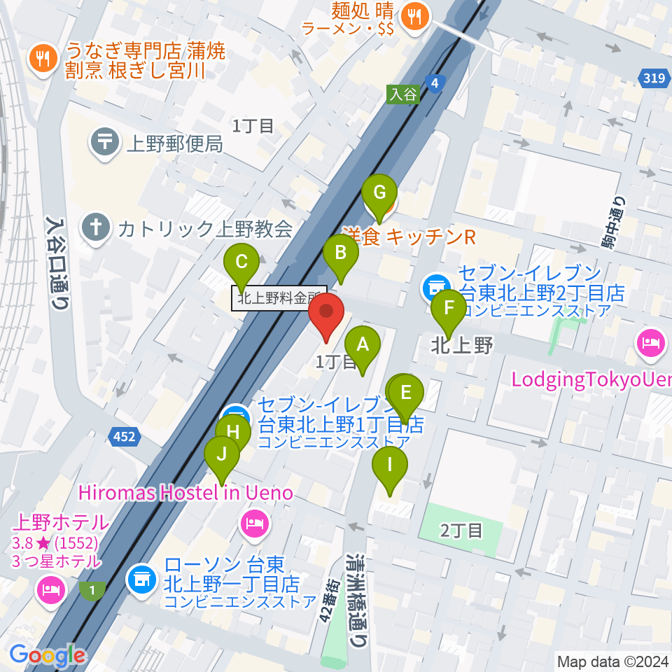 ホムラサウンド上野スタジオ周辺のファミレス・ファーストフード一覧地図