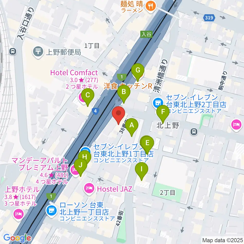 ホムラサウンド上野スタジオ周辺のファミレス・ファーストフード一覧地図