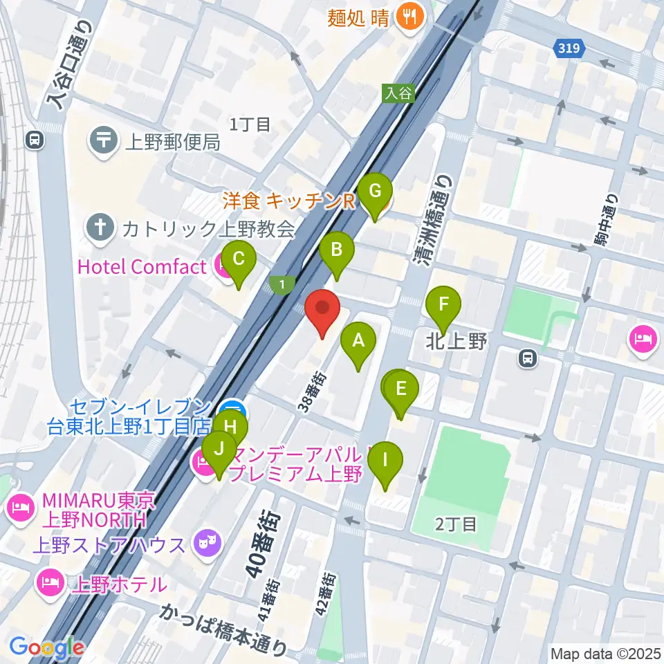 ホムラサウンド上野スタジオ周辺のファミレス・ファーストフード一覧地図