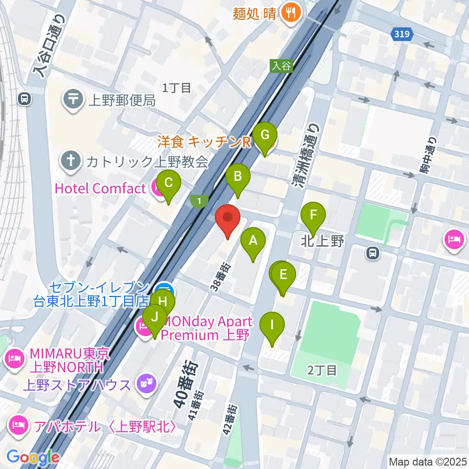 ホムラサウンド上野スタジオ周辺のファミレス・ファーストフード一覧地図