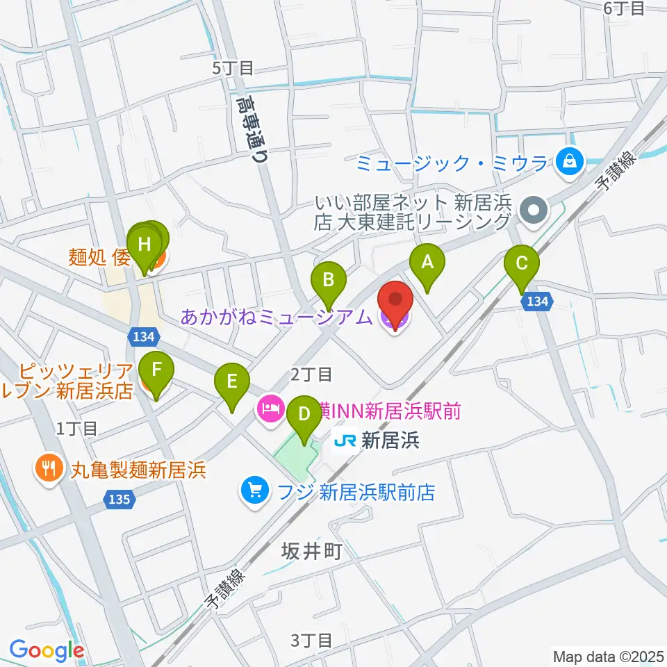あかがねミュージアム周辺のファミレス・ファーストフード一覧地図