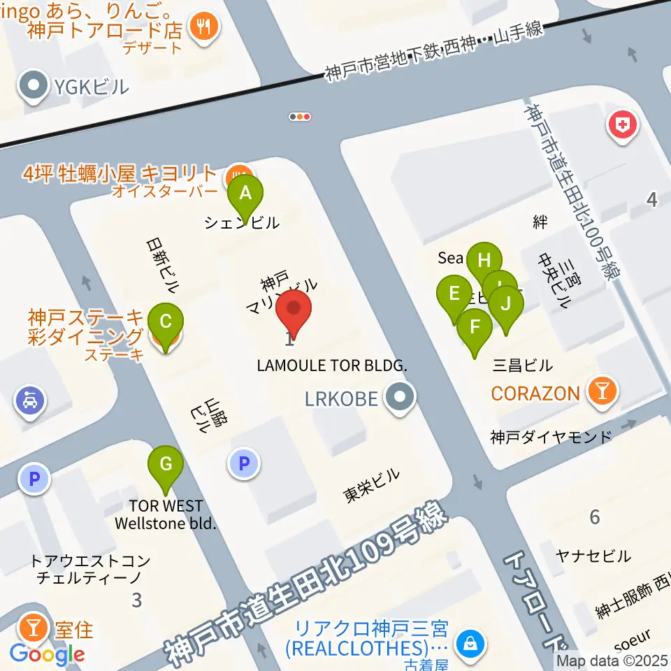 神戸へラバラウンジ周辺のファミレス・ファーストフード一覧地図