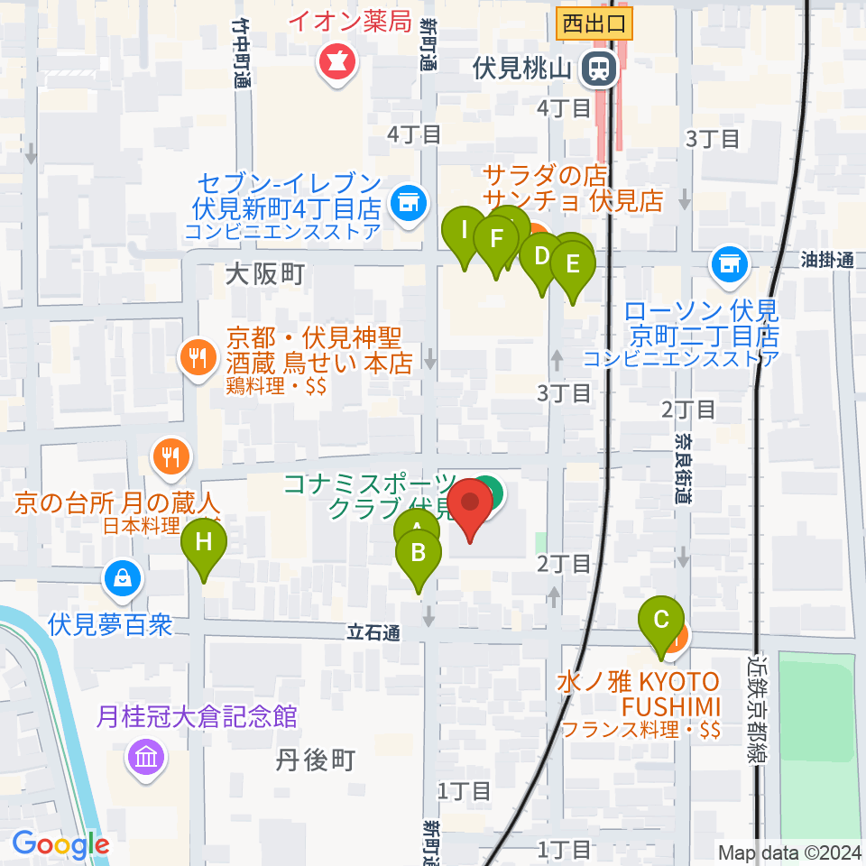 ユニスタイル京都伏見 若林楽器店周辺のファミレス・ファーストフード一覧地図