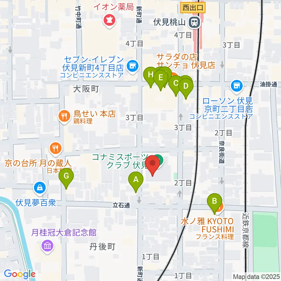 ユニスタイル京都伏見 若林楽器店周辺のファミレス・ファーストフード一覧地図