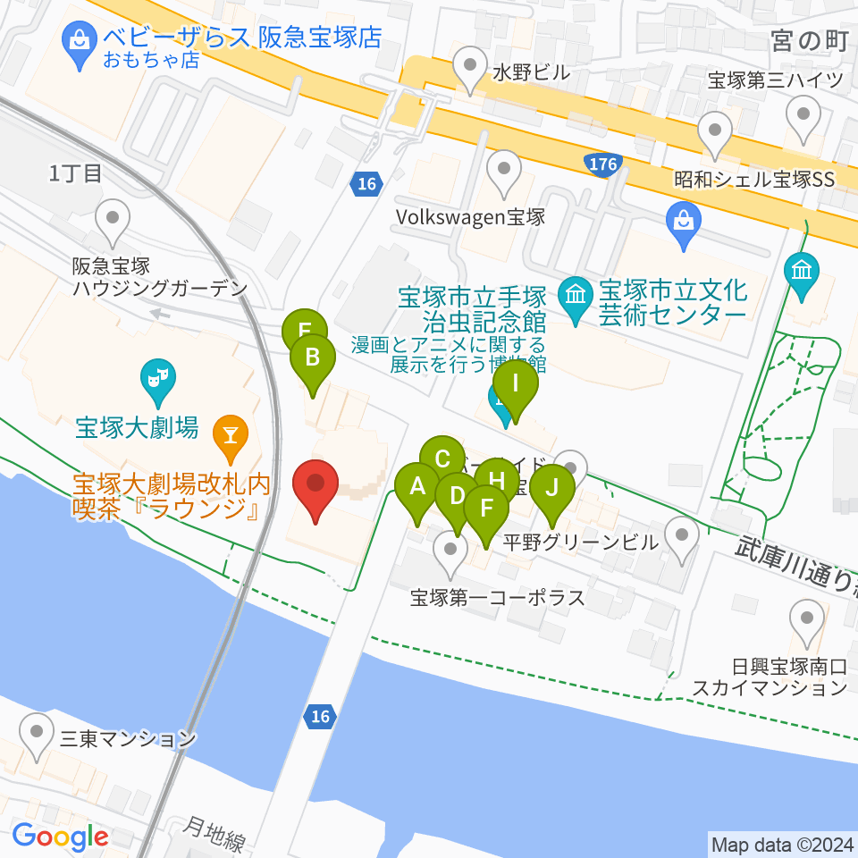 宝塚音楽学校周辺のファミレス・ファーストフード一覧地図
