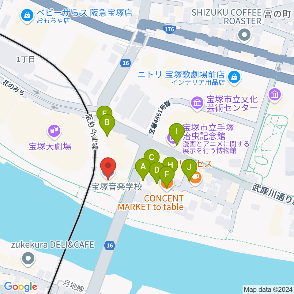 宝塚音楽学校周辺のファミレス・ファーストフード一覧地図