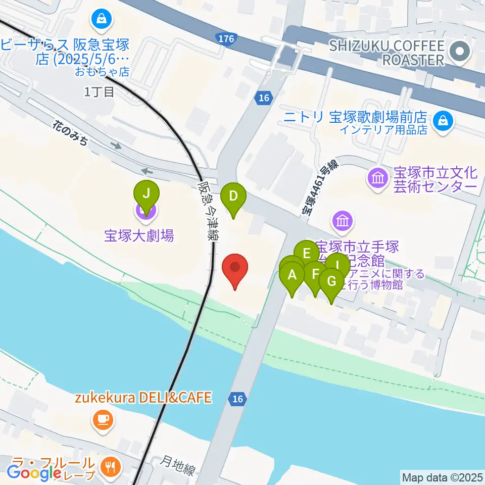 宝塚音楽学校周辺のファミレス・ファーストフード一覧地図