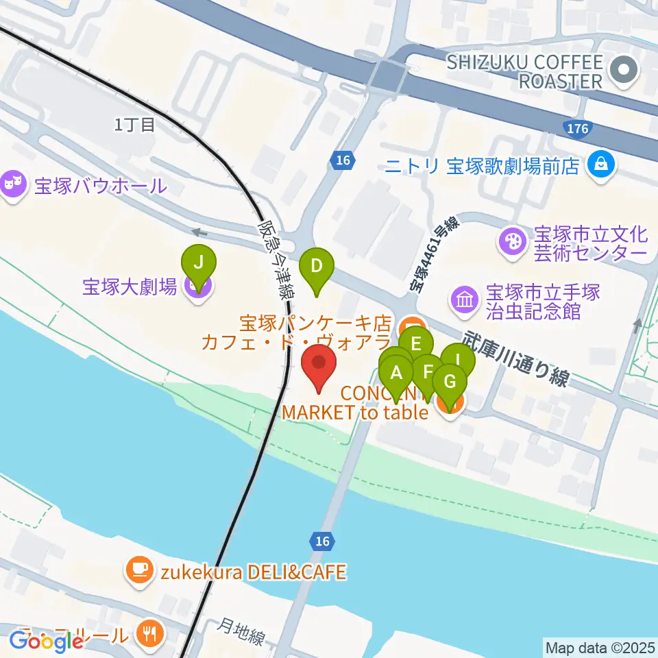 宝塚音楽学校周辺のファミレス・ファーストフード一覧地図