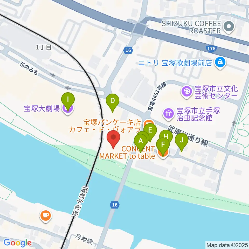 宝塚音楽学校周辺のファミレス・ファーストフード一覧地図
