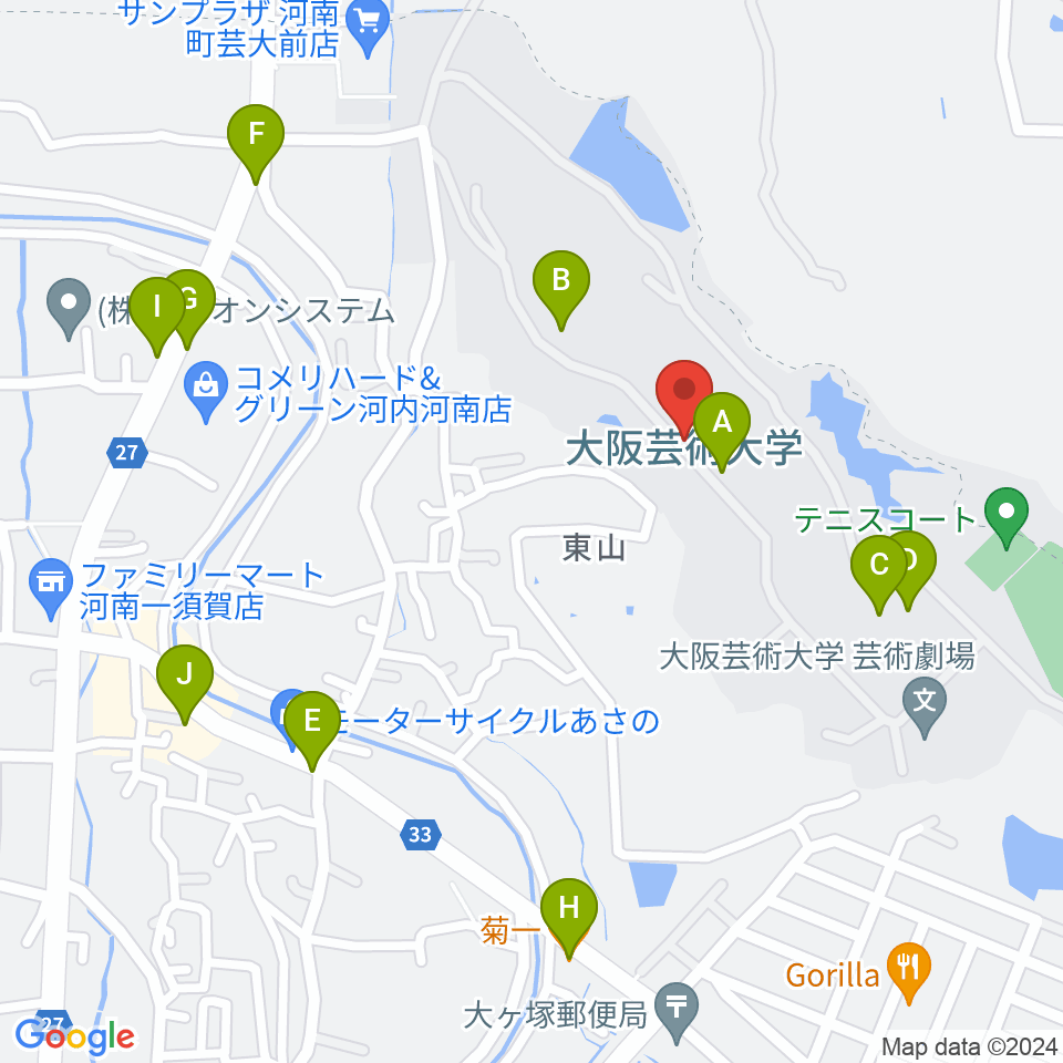 大阪芸術大学周辺のファミレス・ファーストフード一覧地図