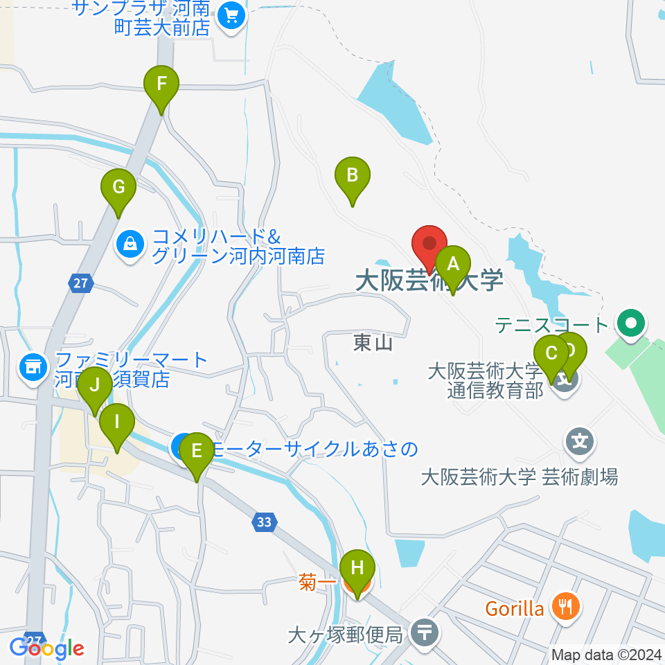 大阪芸術大学周辺のファミレス・ファーストフード一覧地図