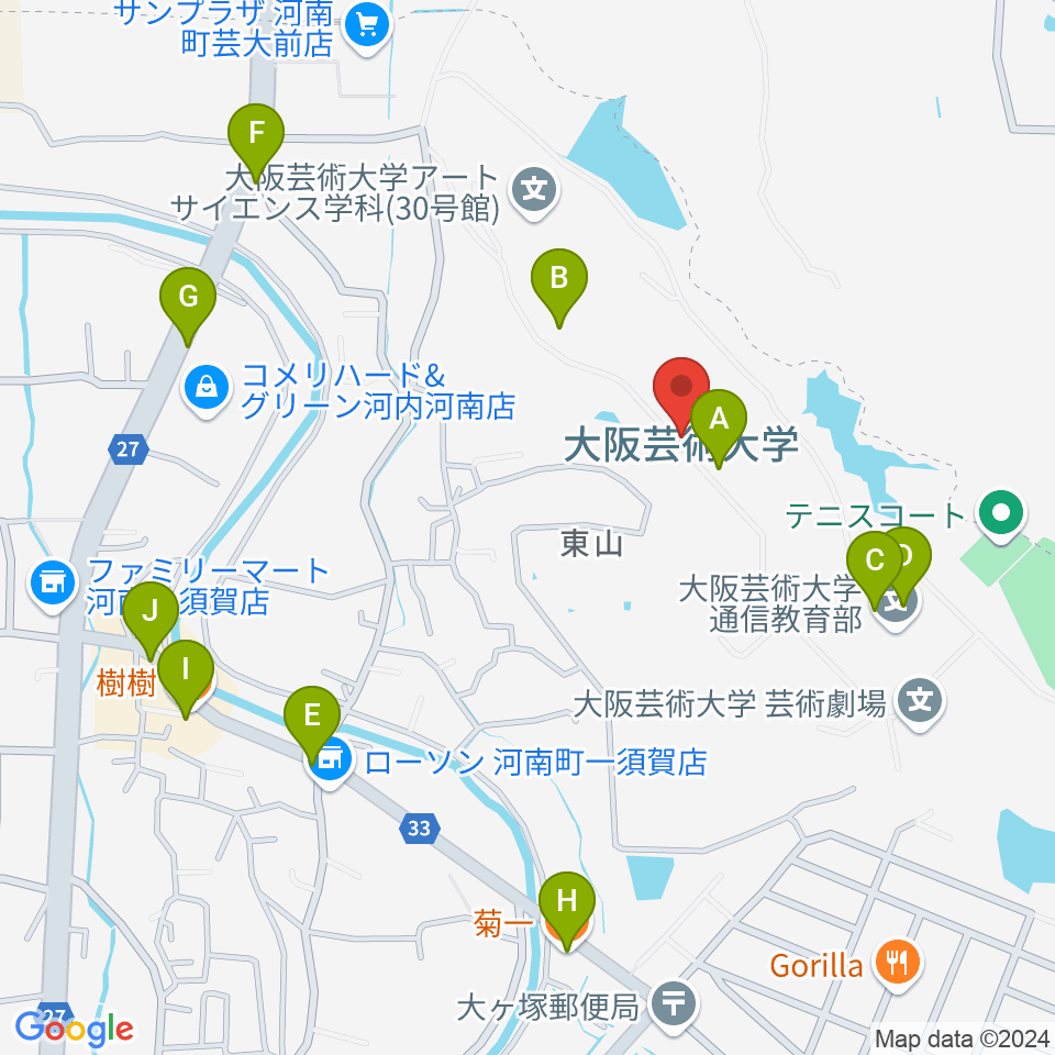 大阪芸術大学周辺のファミレス・ファーストフード一覧地図