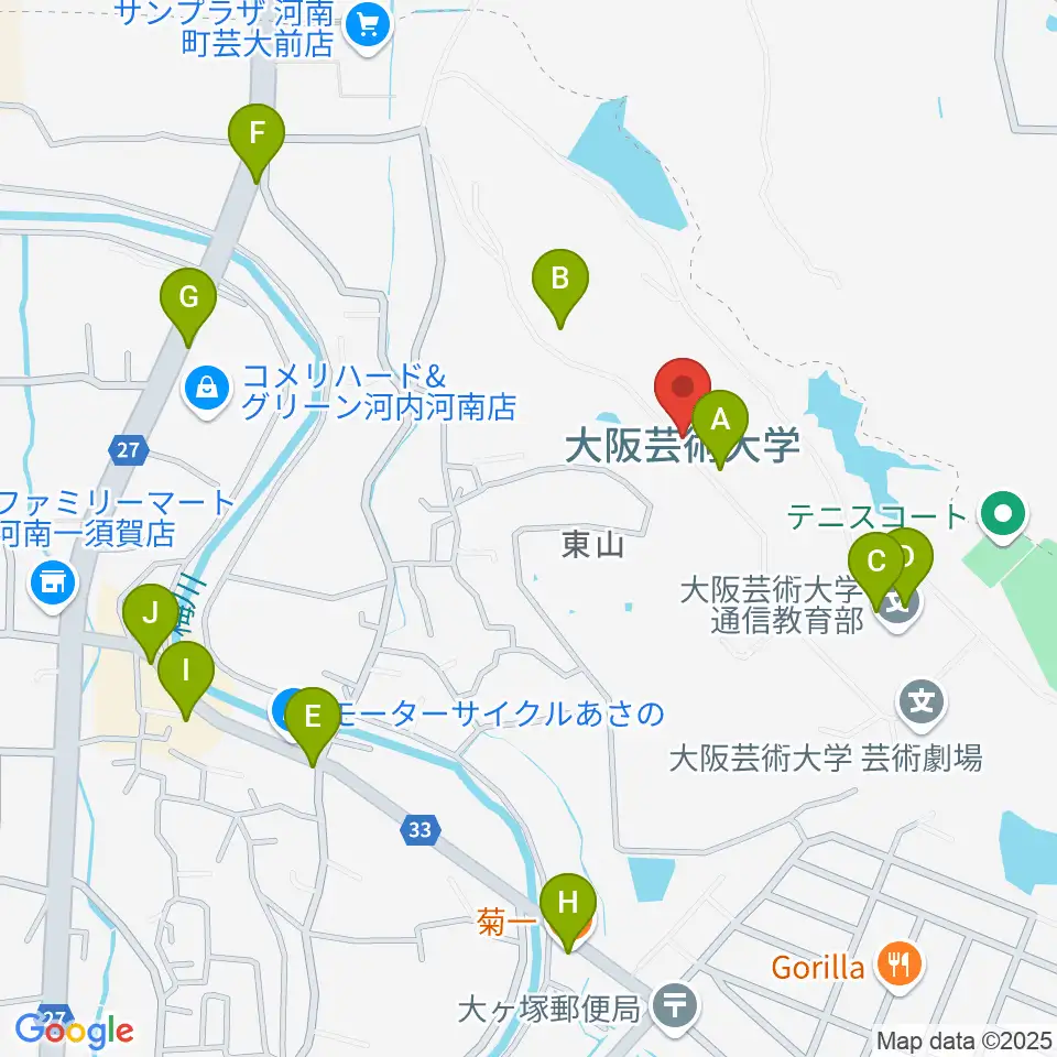 大阪芸術大学周辺のファミレス・ファーストフード一覧地図