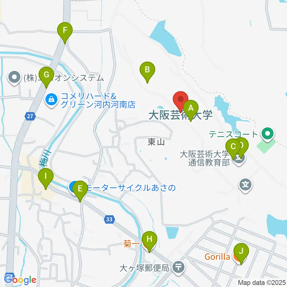 大阪芸術大学周辺のファミレス・ファーストフード一覧地図
