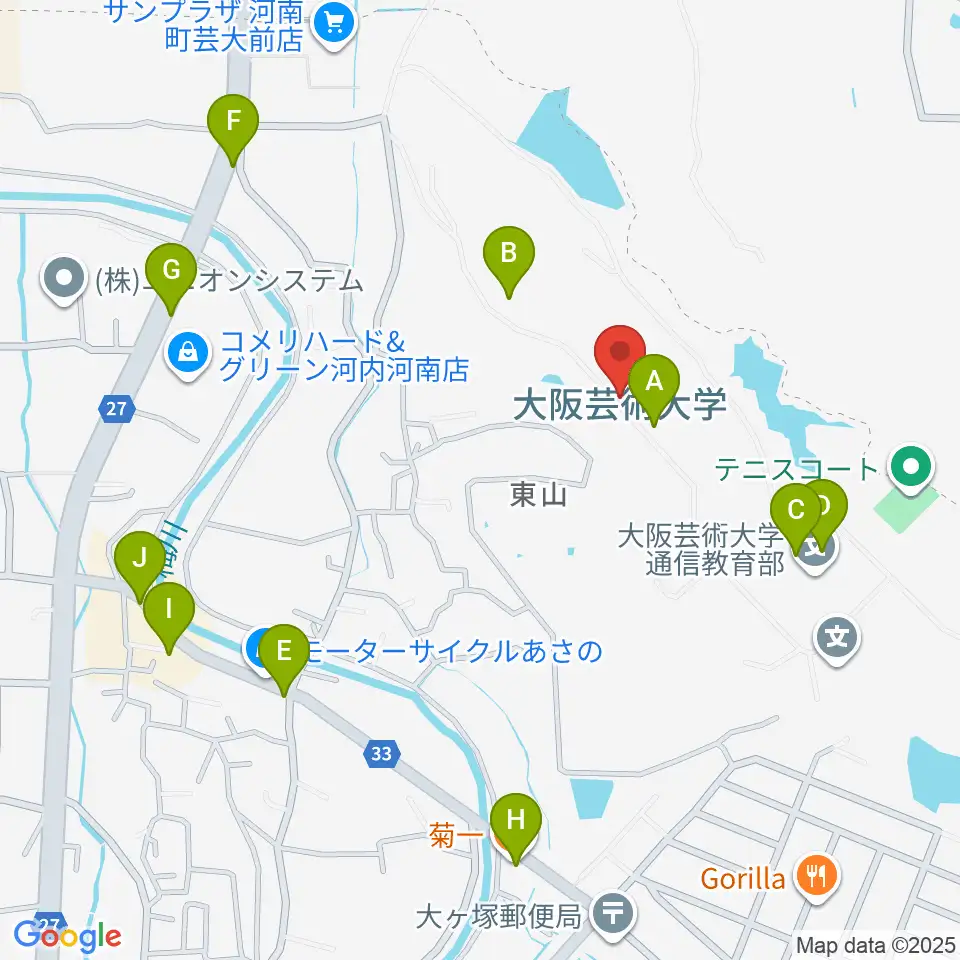 大阪芸術大学周辺のファミレス・ファーストフード一覧地図