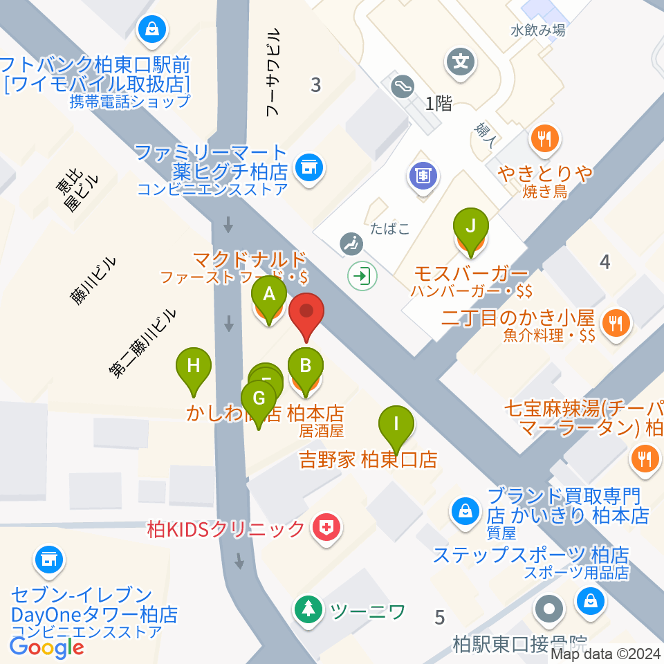 柏Studio WUU周辺のファミレス・ファーストフード一覧地図