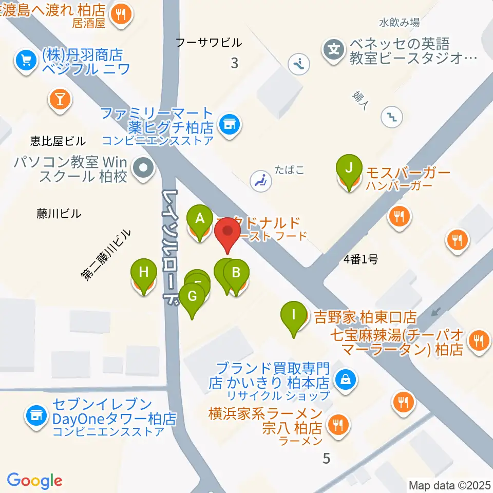 柏Studio WUU周辺のファミレス・ファーストフード一覧地図