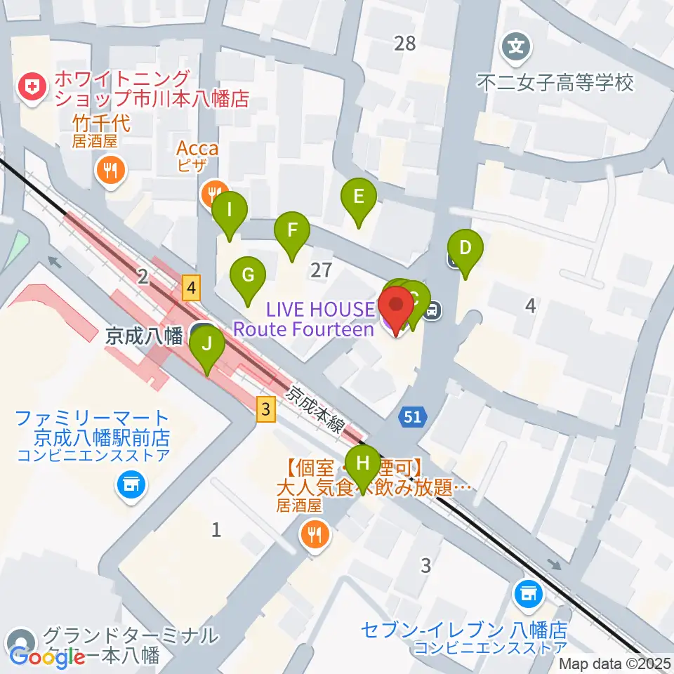 本八幡ルート14周辺のファミレス・ファーストフード一覧地図