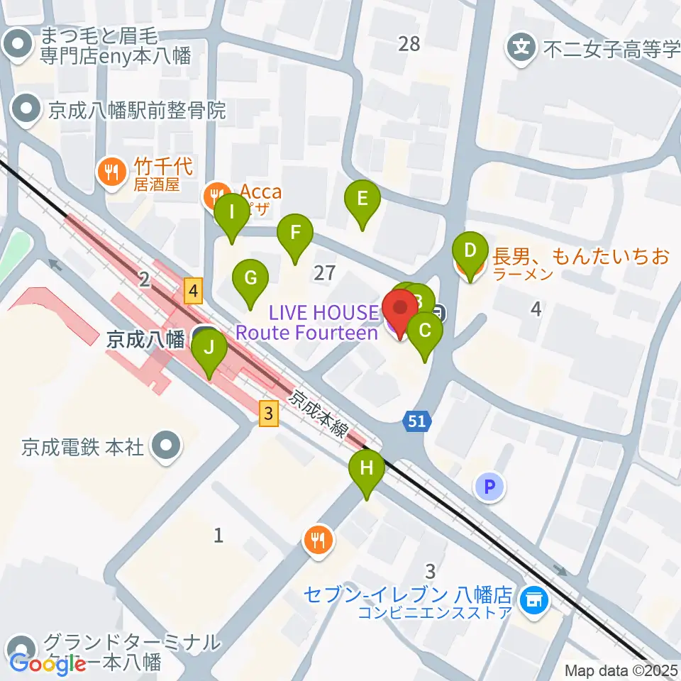 本八幡ルート14周辺のファミレス・ファーストフード一覧地図