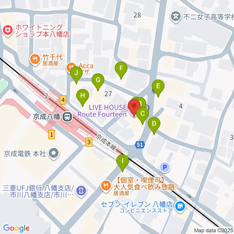 本八幡ルート14周辺のファミレス・ファーストフード一覧地図