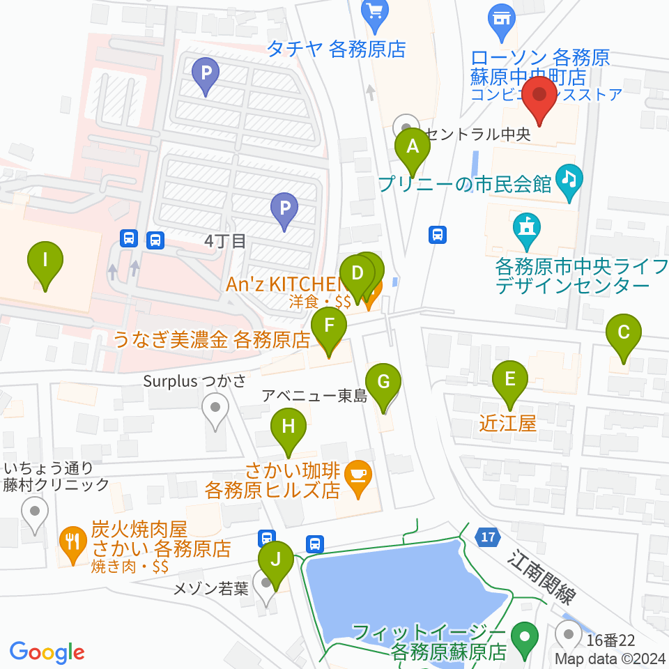 プリニーの文化ホール周辺のファミレス・ファーストフード一覧地図
