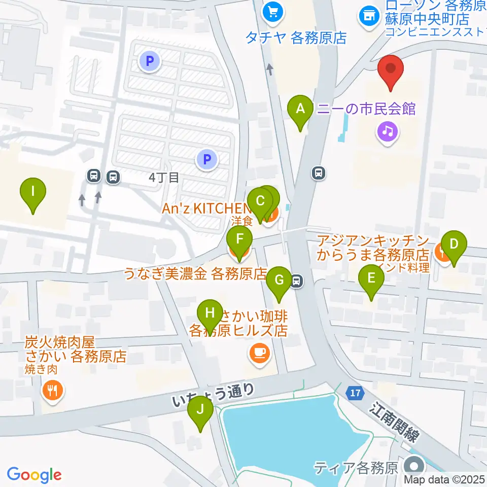 プリニーの文化ホール周辺のファミレス・ファーストフード一覧地図