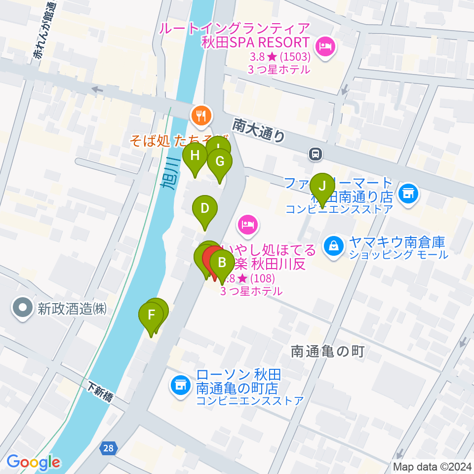 秋田ラウドアフェクション周辺のファミレス・ファーストフード一覧地図