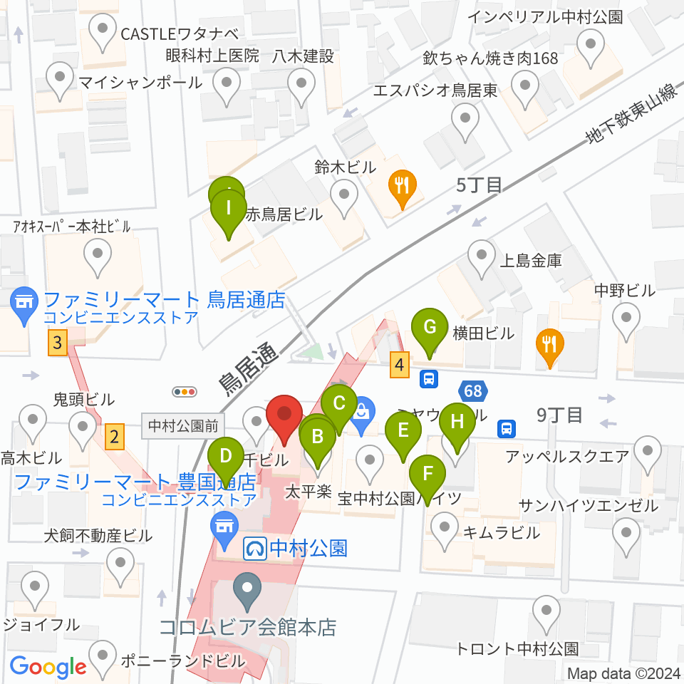 松栄楽器 名古屋店周辺のファミレス・ファーストフード一覧地図