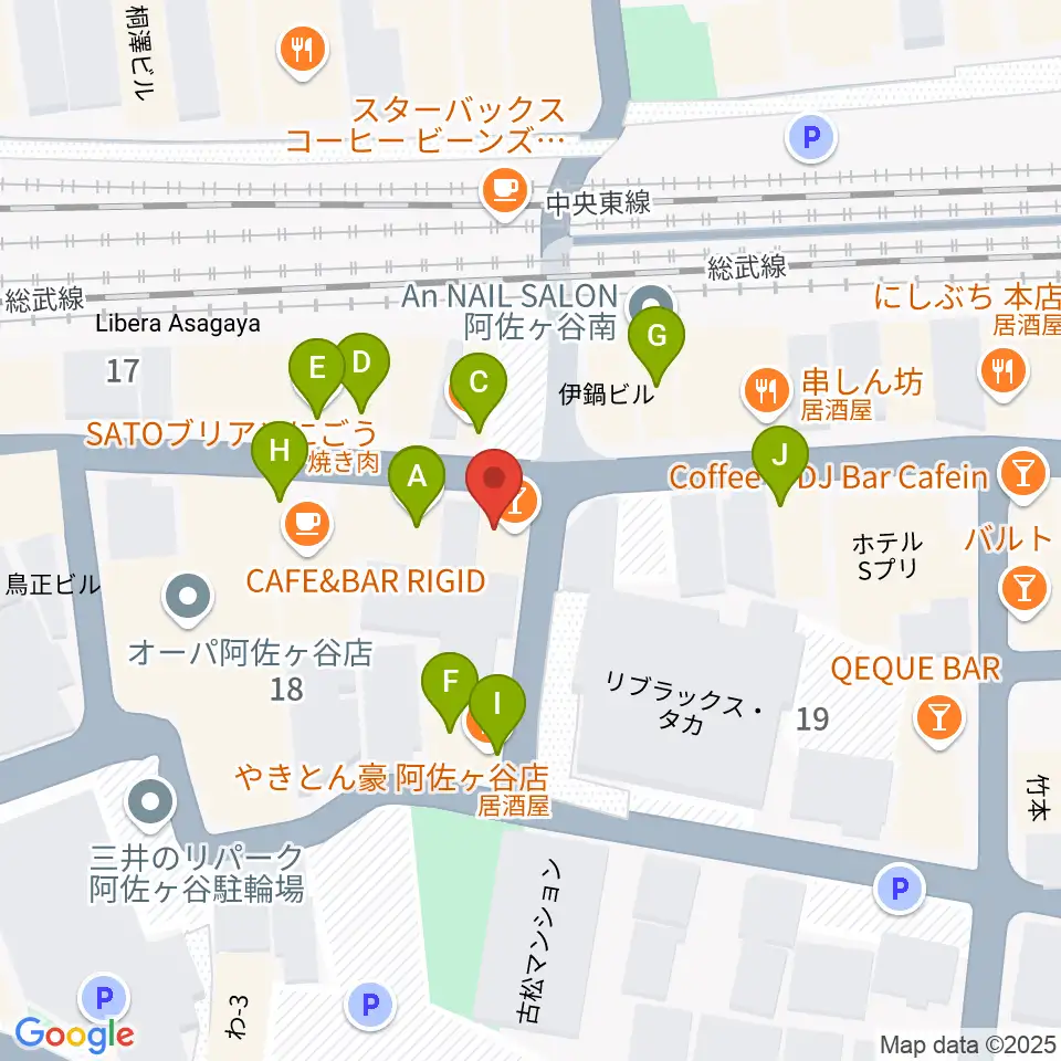 阿佐ヶ谷ハーネス周辺のファミレス・ファーストフード一覧地図