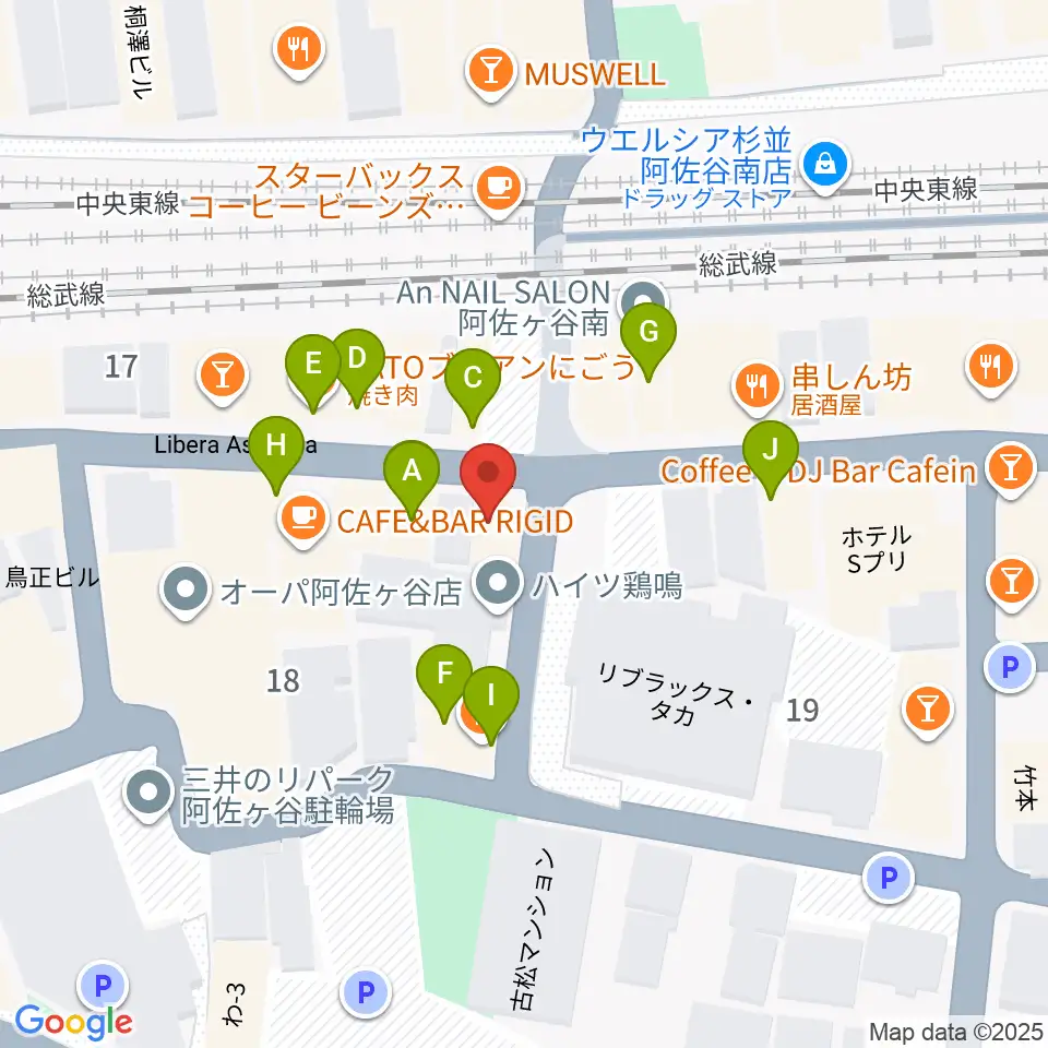 阿佐ヶ谷ハーネス周辺のファミレス・ファーストフード一覧地図