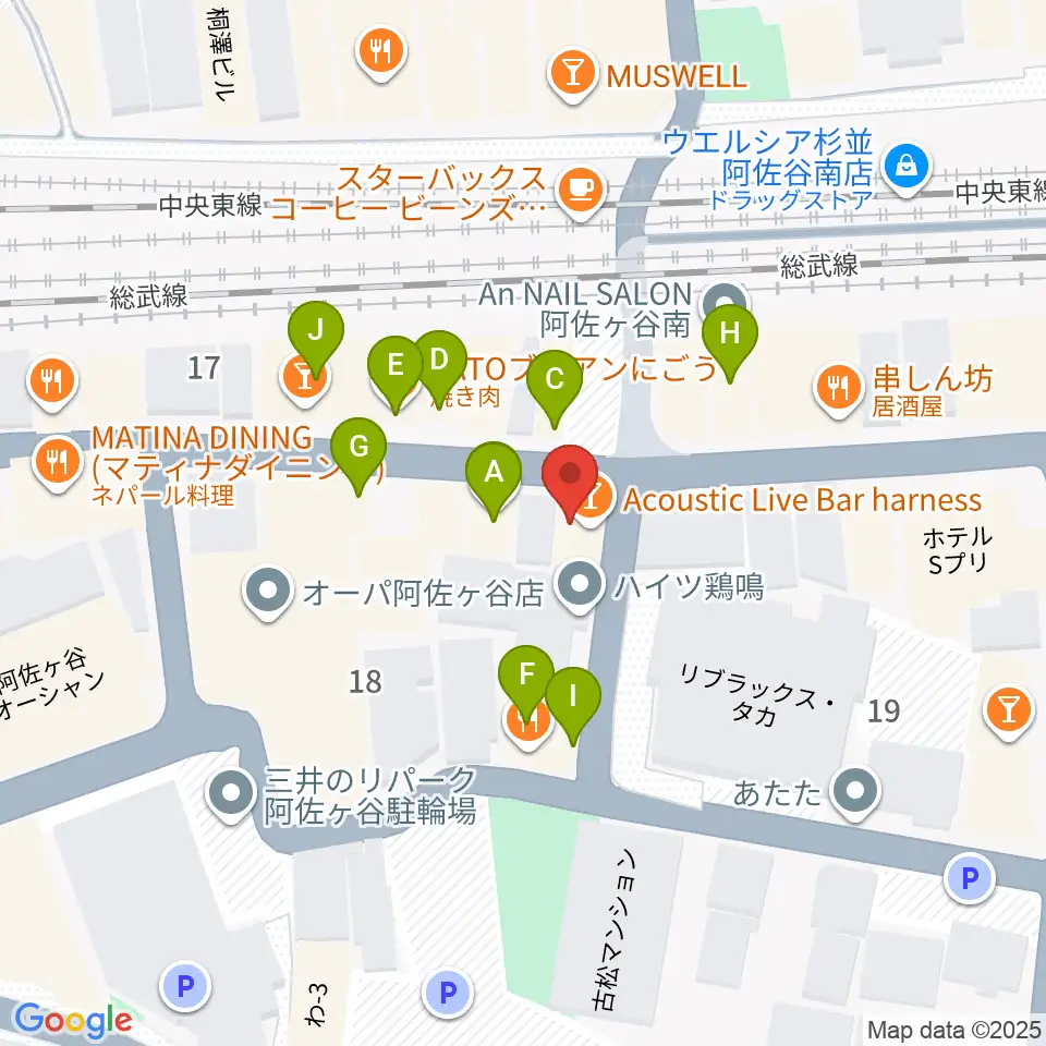 阿佐ヶ谷ハーネス周辺のファミレス・ファーストフード一覧地図